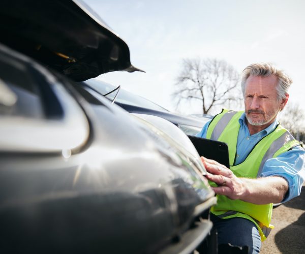 Mature Male Loss Adjuster With Digital Tablet Assessing Insurance Claim In Car Pound Mature Male Loss Adjuster With Digital Tablet Assessing Insurance Claim In Car Pound